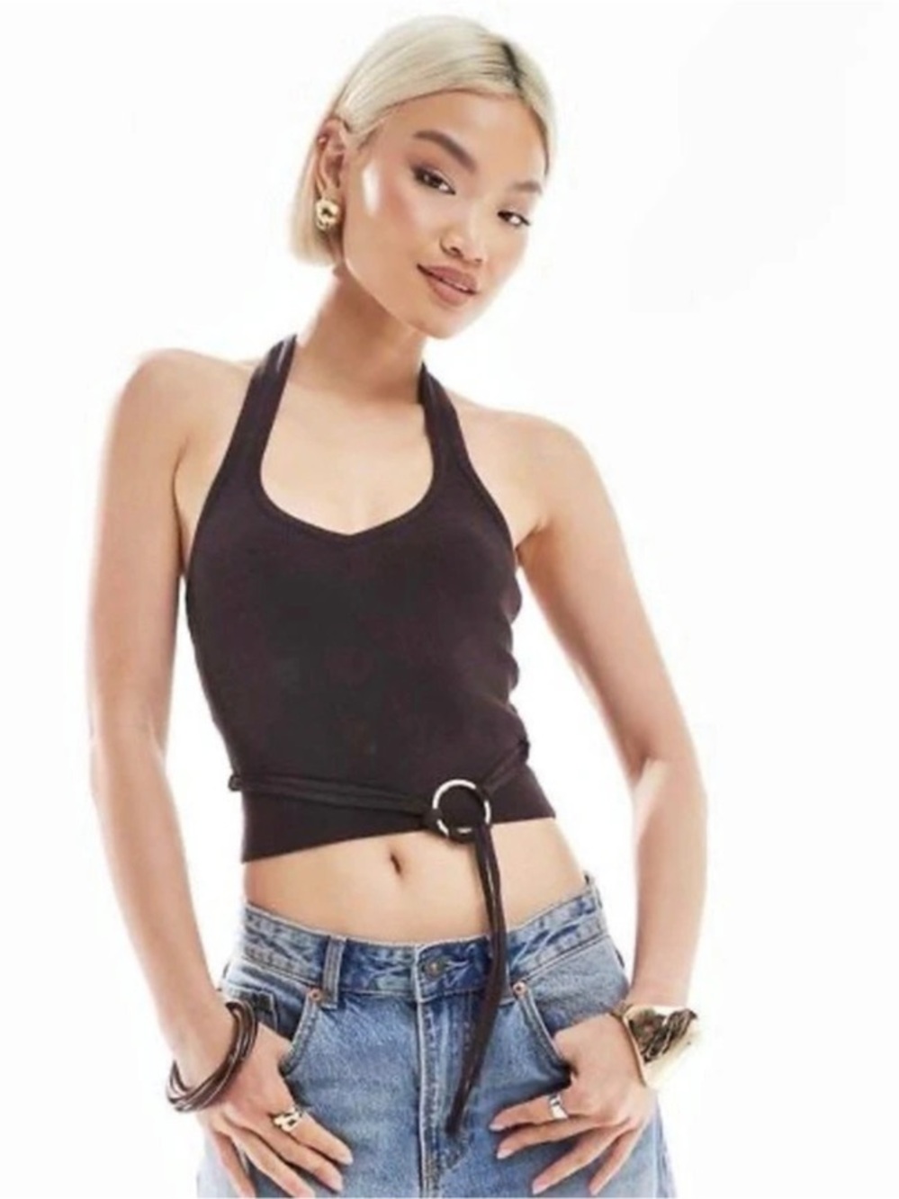 Bershka Halter Knit Tie O Ring Crop Top in Brown